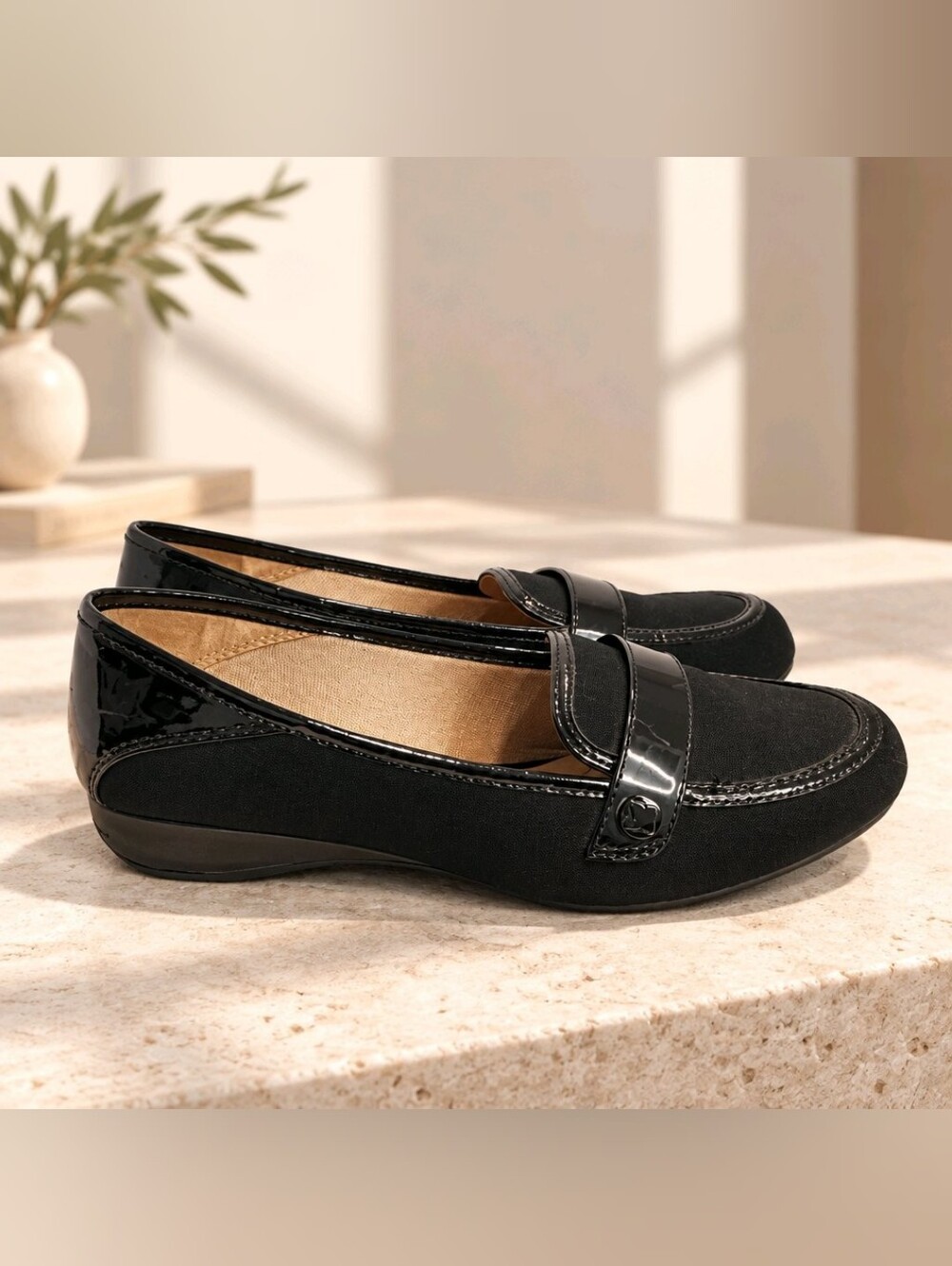 Kelly & Katie Black Wedge Loafers with Patent Leather Strap - Size 8